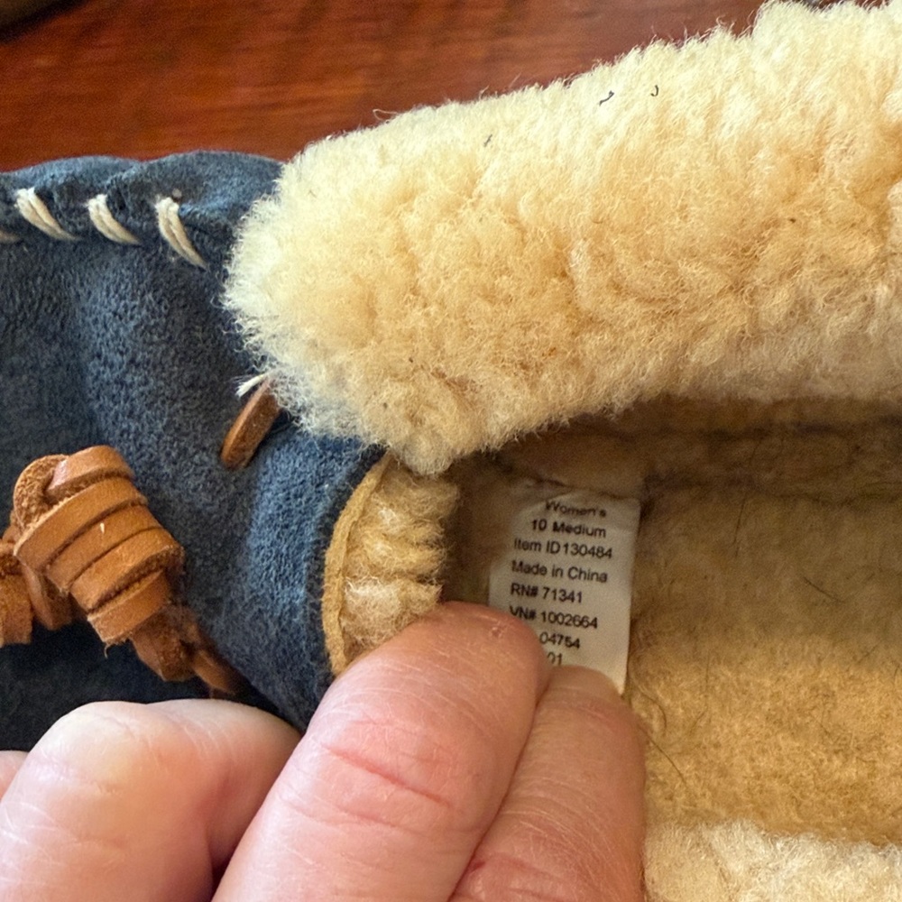 L.L. Bean Blue Suede Slippers with Cream Lining - Picture 3 of 3